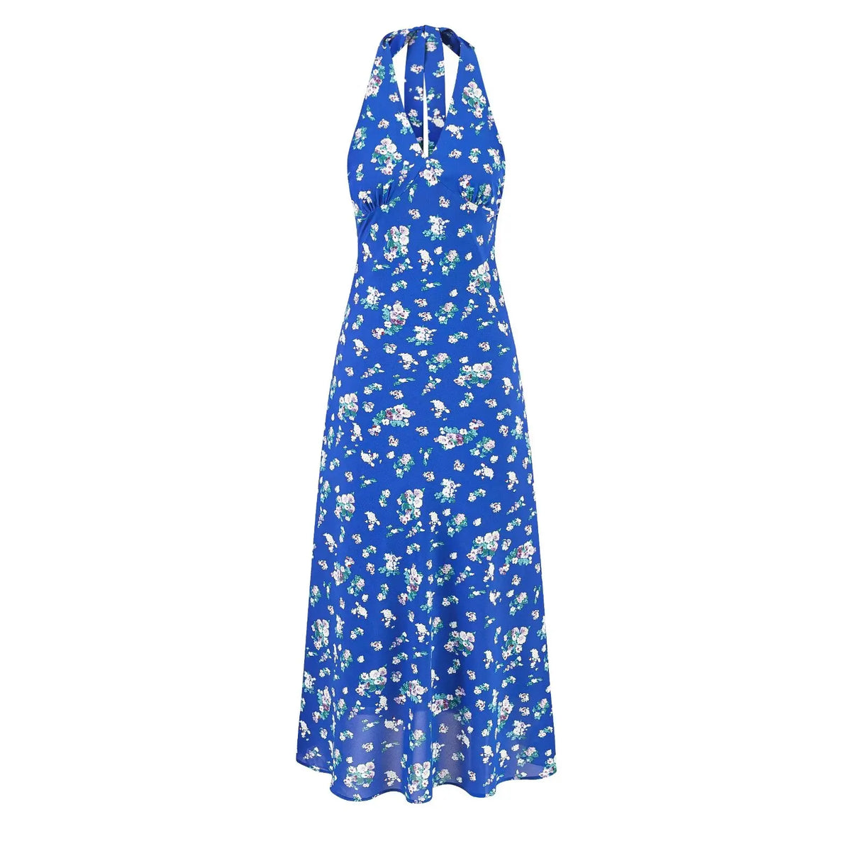 Lunivop  Sexy Blue with White Floral Print Tie Bow Halter Sling Dress Summer Woman Backless Slim Waist Midi Long Dresses Robe Holiday