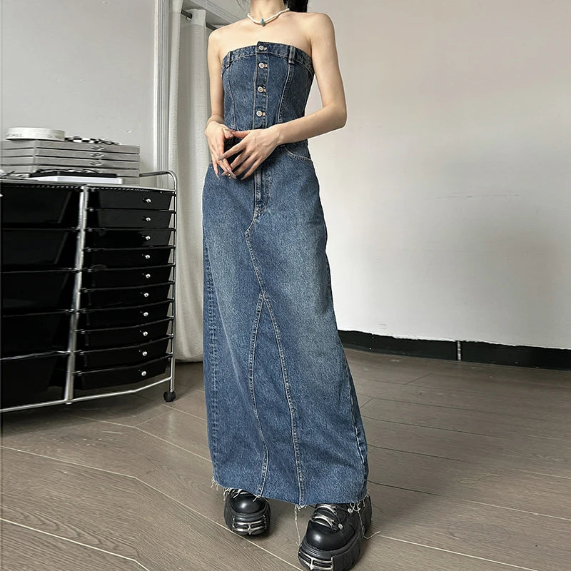 Lunivop Denim Strapless Buttons Stretchy Slim Slit Long Dress Casual Fashion Streetwear Summer Vacation Daily Party Women Clothes