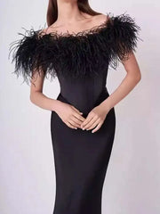 Lunivop Bandage Ostrich Hair Two Pieces Set Zipper Hollow Out Slash Neck Top Women's 2025 New Fashion Mermaid Skirt Female