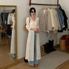 Lunivop  New Chinese Style V-neck Split Tops Women Summer Slim Fit Hollow Out White Cardigan Y2k E-Girl Long Sleeve Blusas Mujer
