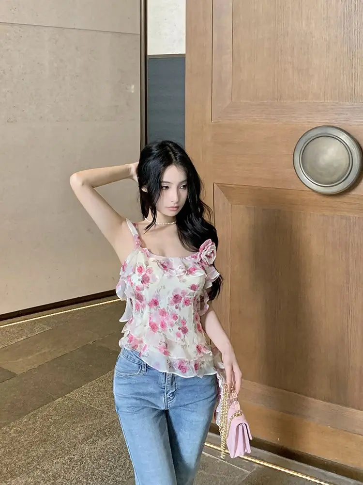 Lunivop  Irregular Camis Women Sweet Sexy Floral Printed Slash Neck Vintage Summer Fashion Holiday Tank Tops Female Casual