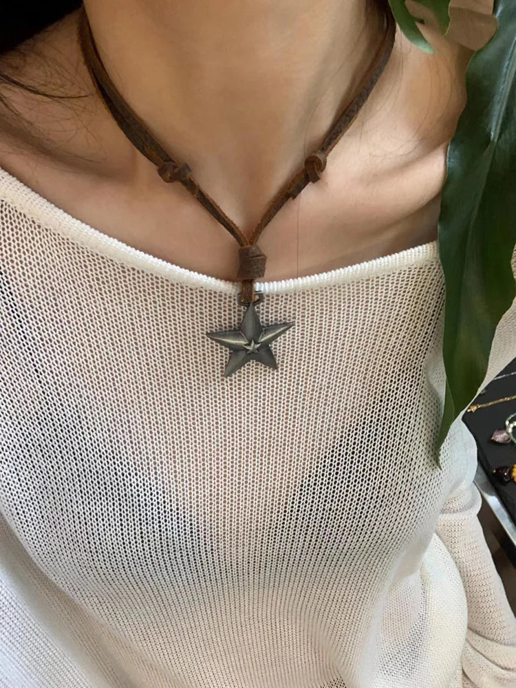 Lunivop Retro Leather Rope Punk Star Pendant Long Necklace Female Niche Design Personality Adjustable Drawstring Accessories JewelryTide