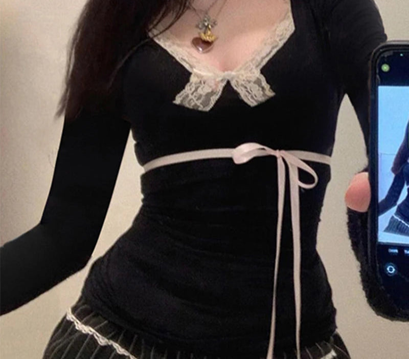 Lunivop  Contrast Lace Bow Cropped Top Sweet Coquette Square Collar T Shirts Black Casual Full Sleeve Tee Women y2k Aesthetic Lady