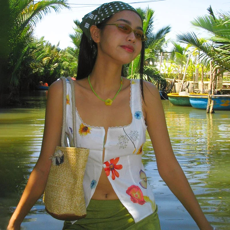 Lunivop Square Collar Print Sleeveless Lace Button Pear Slit High Waist Tank Crop Top Vacation Trip Casual Clothing
