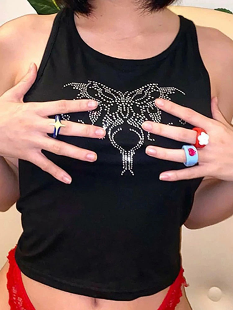 Lunivop Summer vintage women's T shirt Rhinestones Graphics Y2k Punk Sexy Black Butterfly Vest Top women O-neck short tops kawaii