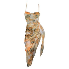 Lunivop  Women Y2k Vintage Yellow Tie Dye Flower Print  Spaghetti Strap Dress Hem Slim Waist Slit Irregular Dresses Sling Vestido