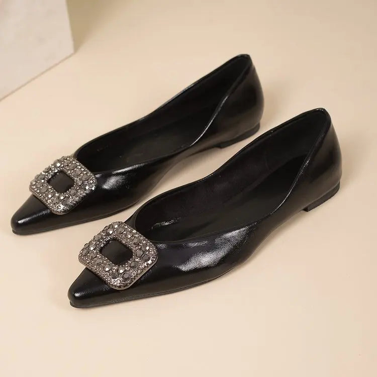 Lunivop  Women's Rhinestone Square Buckle Pointed Toe Flats Elegant Nude Slip on Shoes Casual Office Dress Shoes for Ladies