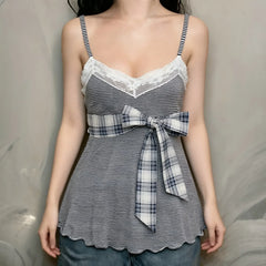 Lunivop  Sweet Girly Style Bow Stitched Plaid Lace Suspender Top V-neck with Bottoming Baby Doll Vest for Women