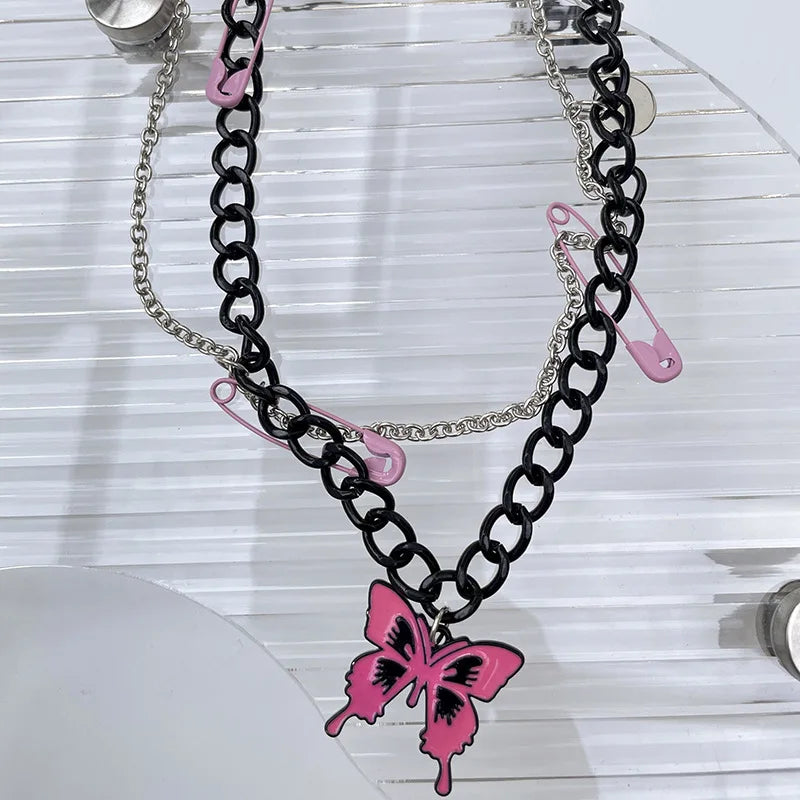 Lunivop Kpop Fashion Pink Pin Butterfly Pendant Black Chain Necklace For Egirl Goth Harajuku Y2K 90s EMO Aesthetic Jewelry Accessories