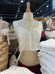 Lunivop  White Lace Trim Slim Tank Tops Women New Lace-up V-neck Single Breasted Sleeveless Crop Top Sweet Simple Basic Cropped Vest Y2K