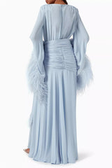 Lunivop  Light Blue Evening Dress V-Neck Feather Long Sleeves Elegant Evening Gowns Cascading Chiffon Ruffle Party Dresses