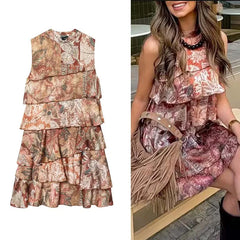 Lunivop  Women Fashion Printed Layering Ruffles Short Dress Summer New Street Sleeveless Mini Dress Elegant Holiday Party Dresses