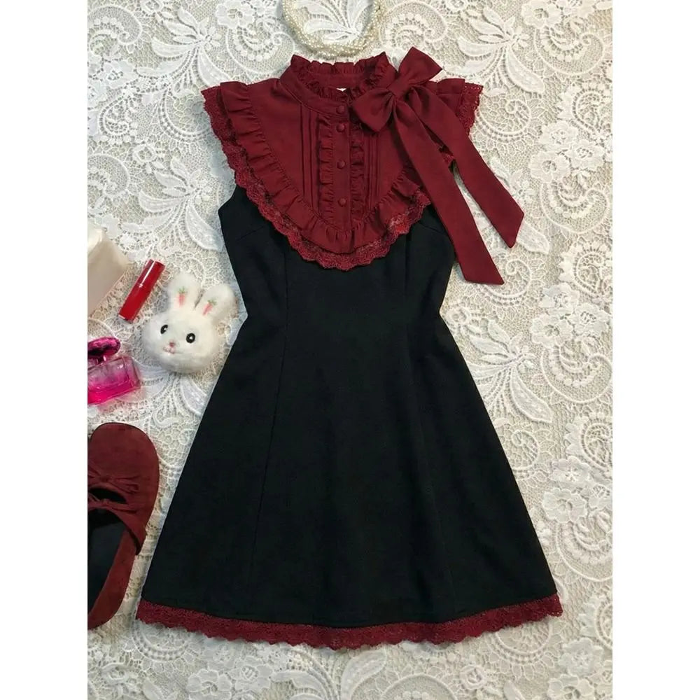 Lunivop  Vintage Classic Burgundy Lace Stand Collar Flutter Sleeve Short Dress Women Elegant Waist Fit Harajuku Summer Streetwear Outfit