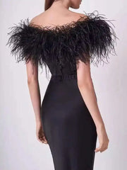 Lunivop Bandage Ostrich Hair Two Pieces Set Zipper Hollow Out Slash Neck Top Women's 2025 New Fashion Mermaid Skirt Female