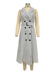 Lunivop  Autumn Women Vertical Stripe Printed Polo Turn-down Collar Dress with Belt High Waist Sleeveless Button Dresses