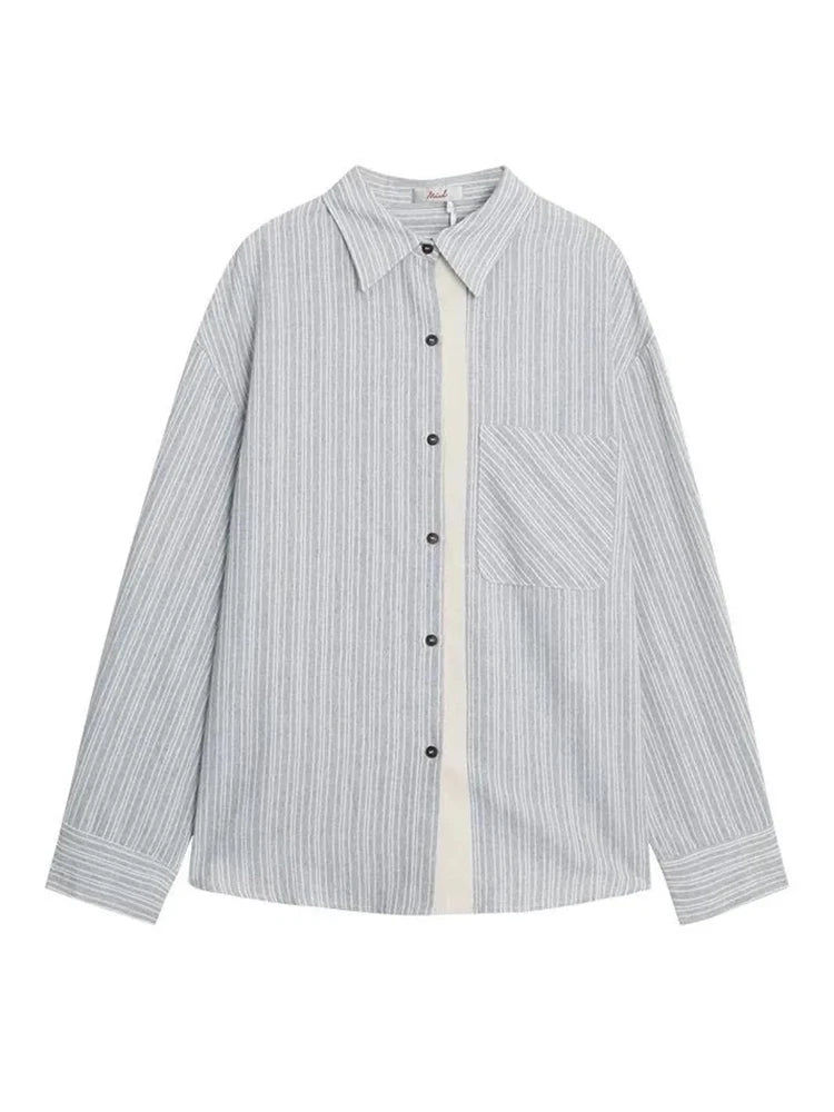 Lunivop Preppy Style Sweet Striped Shirt Women Loose Casual Long Sleeve Blouse Fall New Vintage Pocket Korean Female Simple Retro Tops