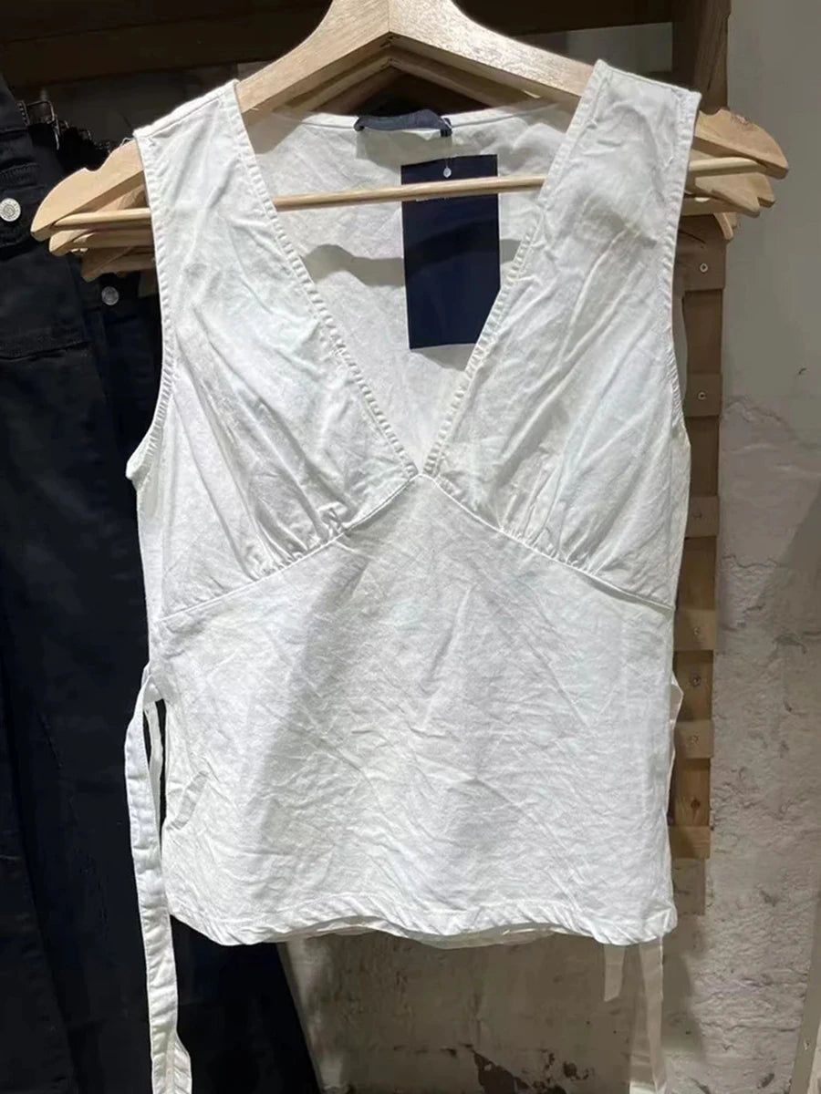Lunivop  Simple Sexy Deep V-neck Tank Tops Women Summer New Cotton Soft White Lace-up Slim Sleeveless Tees Vintage Streetwear Sweet Vests