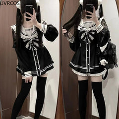 Lunivop  Japanese Style Gothic Y2k Lolita Bow Dress Shorts Set Women Vintage Sweet Long Sleeve Button Shirt Party Dresses Slim Mini Dress