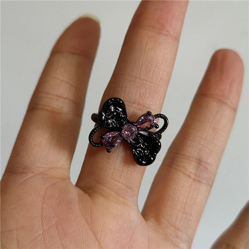 Lunivop Fashion Gothic Bowknot Pink Zircon Rings Y2K Star Crystal Opal Ring Goth Star Butterfly Rings For Women Girl Aesthetic Jewelry