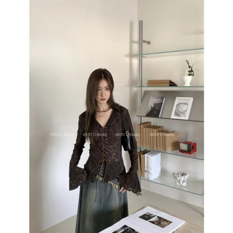 Lunivop  Hollow Out Mesh V-neck Lace Up Shirts Women Y2k E-Girl Slim Fit Long Sleeve Blouses 2025 Spring New Black Blusas De Mujer