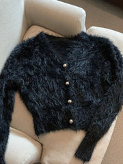 Lunivop Sexy V Neck Women Knitted Cardigan Winter Hairy Korean Slim Ladies Sweater Soft Fashion Black Button Up Female Short Coats