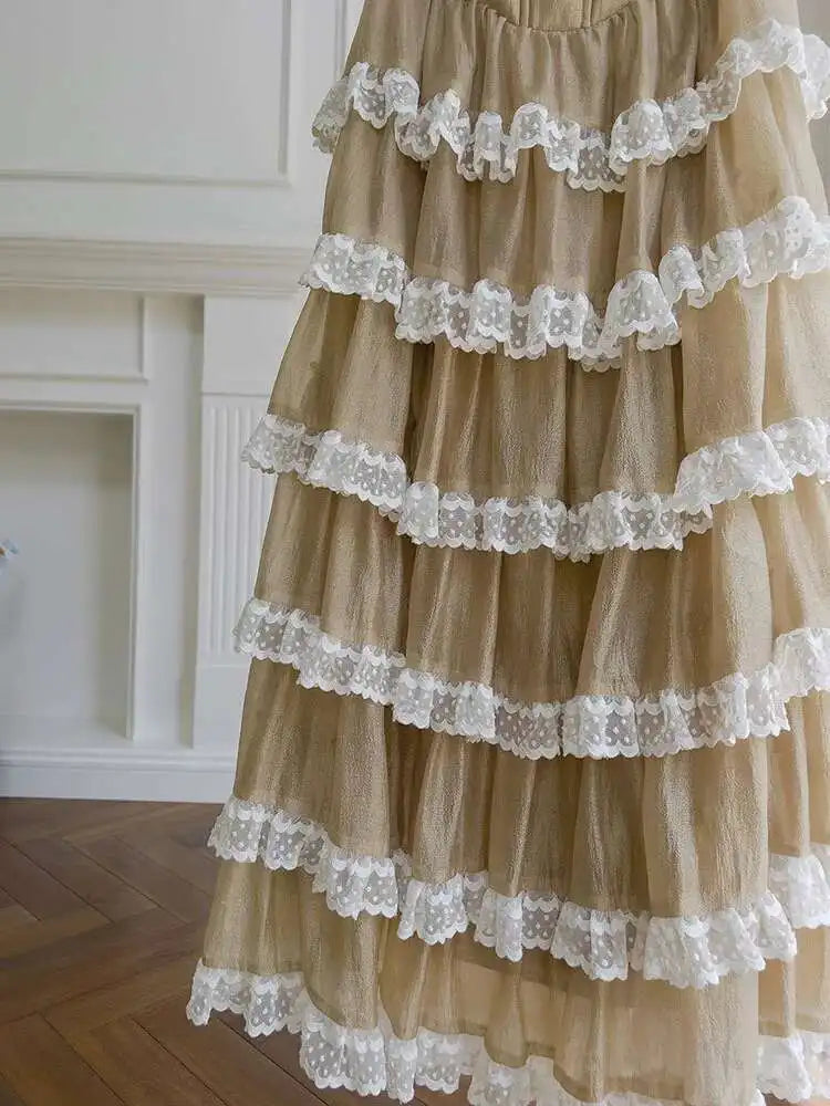 Lunivop Mesh Lace Spliced Long Dresses For Women Slash Collar High Waist Sleeveless Elegant Dress Female 2025 New Clothing