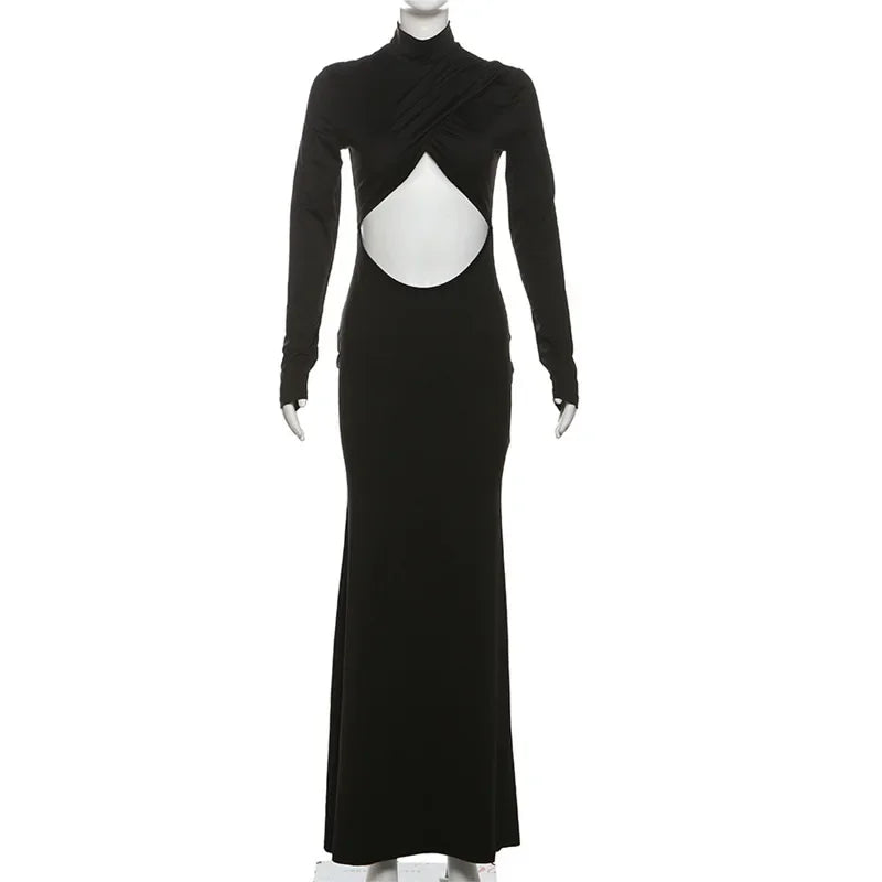 Lunivop Black Hollow Out Maxi Dress for Women Long Sleeve Slim Evening Party Dresses Autumn Winter Sexy Turtleneck Club Outfits