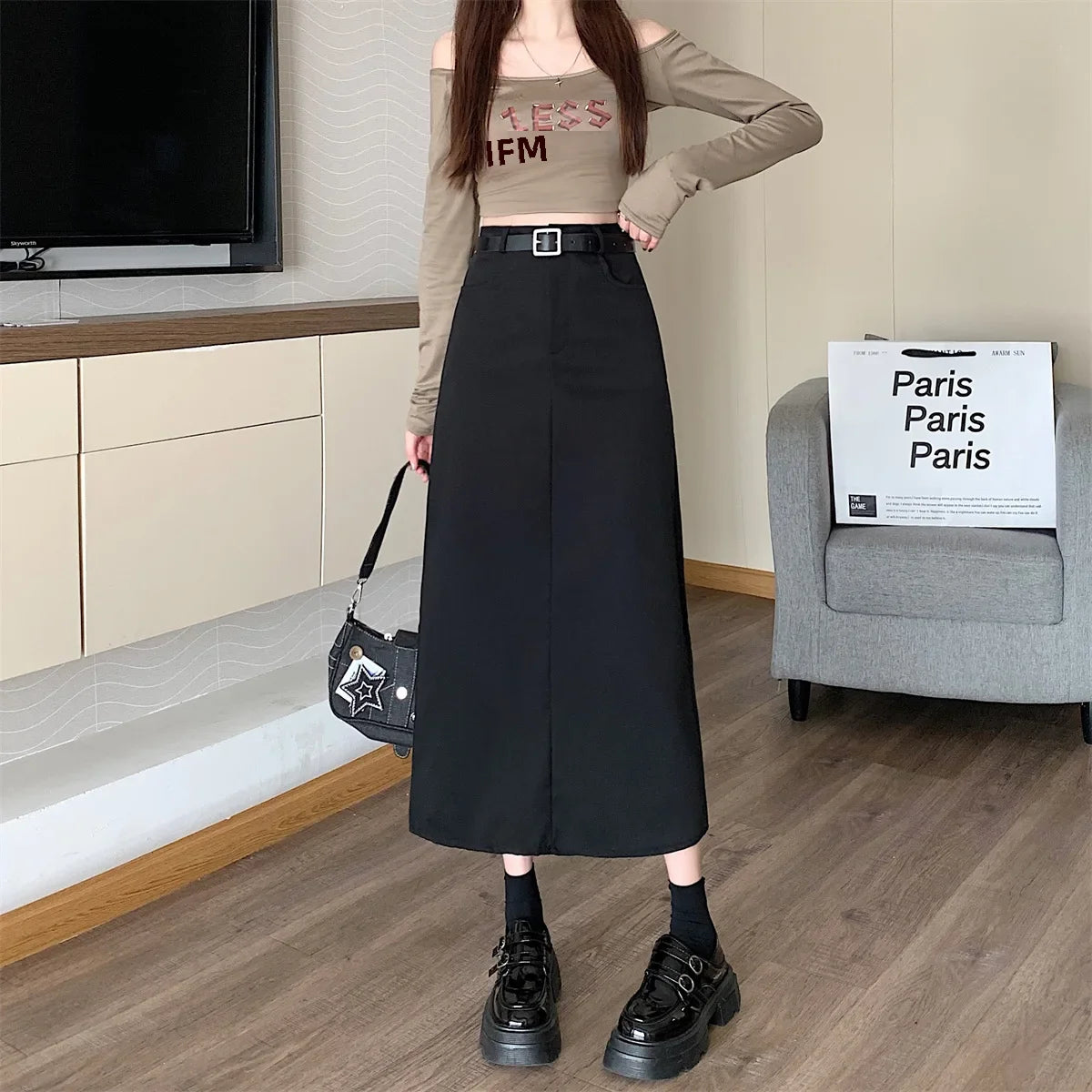 Lunivop High-waisted Slimming Skirt Greysuit Women's Lightweight Casual A- line Medium-length Dress