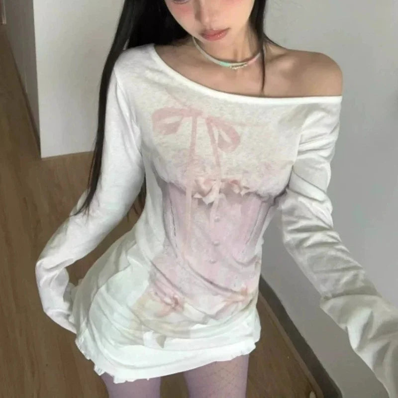 Lunivop Sexy Off Shoulder Tees Women Sweet Coquette Transparent Graphic T-Shirt Elegant Korean Style Loose Long Sleeve T-shirt
