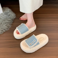 Lunivop Chunky Platform Fur Slippers Women Autumn Thick Bottom Designer Denim Furry Outdoor Slippers Woman Non-slip Short Plush Slides