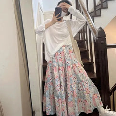 Lunivop  Korean Sweet Patchwork Floral A-line Skirt for Women Y2k High Waist Skirts Summer New Loose Mid-length Faldas Mujer