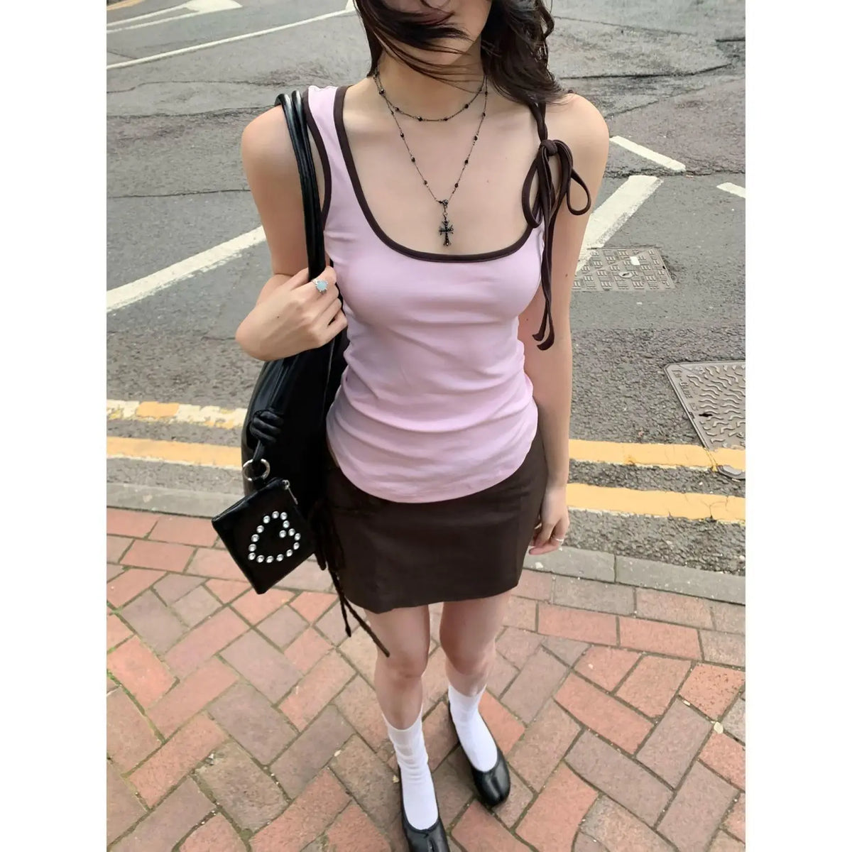 Lunivop  American Spice Girls Bow Spaghetti Strap Tees Panelled Slim Short Minority Tanks Trendy Sweet Fresh Cruel Elegant Camis