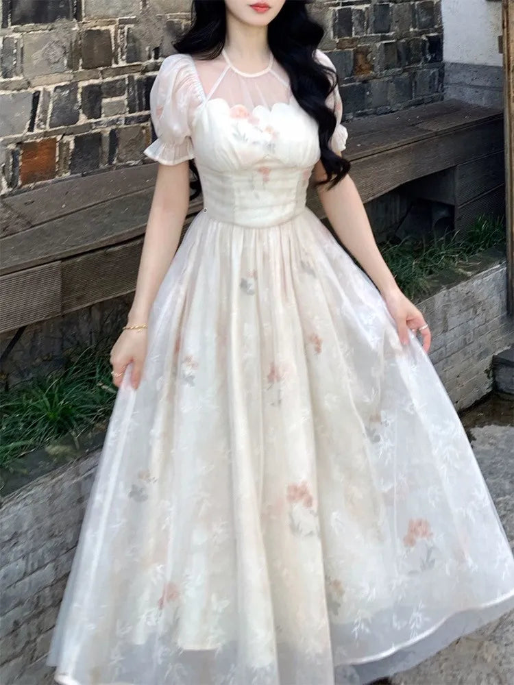 Lunivop  Soft Temperament Slimming Waist Floral Print Long Dresses 2025 Fairycore Princess Sleeves O-Neck Dress Damen kleider Summer New