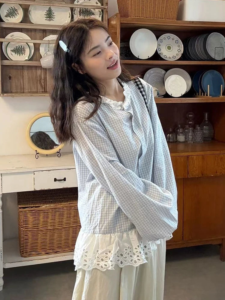 Lunivop  Women Sweet Plaid Shirt Korean Fashion Lace Patchwork Loose Blouse Elegant Casual Preppy Style O Neck Female Chic Tops New