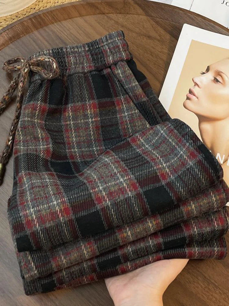 Lunivop Retro Streetwear Plaid Pants Women Lace Up Loose Hip Hop Straight Trousers High Waist Casual Vintage Harajuku Bf Wide Leg Pant