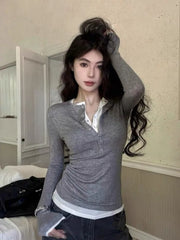 Lunivop  Korean Chic Design Fake Two Pieces Long Sleeves Shirt Women Autumn 2024 New Elegant All Match Slim Fit Slimming Base Tops Winter