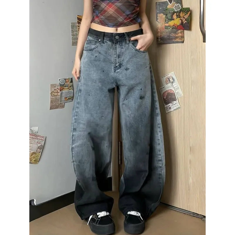 Lunivop Black Womens Jeans High Waist Vintage Design Hip Hop Straight Baggy Denim Pants Street Y2K American Style Wide Leg Denim Trouser