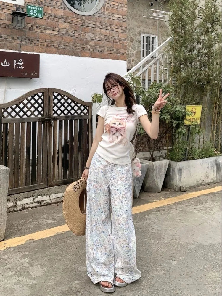 Lunivop  Sweet T Shirts Women Cartoon Cat Printed Short Sleeve Summer Fashion Sexy Stretch Slim Y2k Tops Female Casual Tshirt