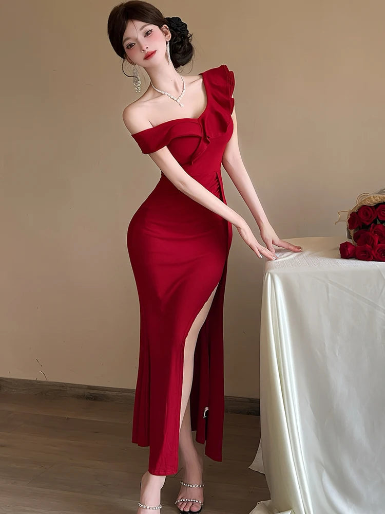 Lunivop  Women Red Off Shoulder Ruffled Sexy Slong Long Dress Summer Elegant Luxury Slit Dress Korean Vintage Festival Evening Dress