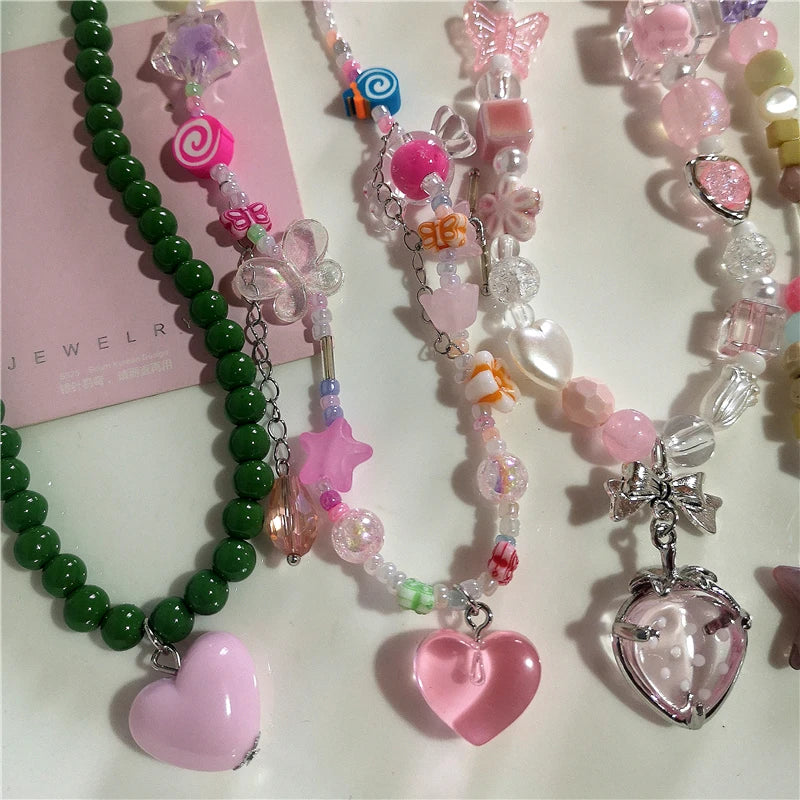 Lunivop Y2K Goth Pink Cute Bowknot Love Strawberry Bead Necklace Neck Decoration Grunge EMO 2000s Aesthetic Scene Accessories For Girl