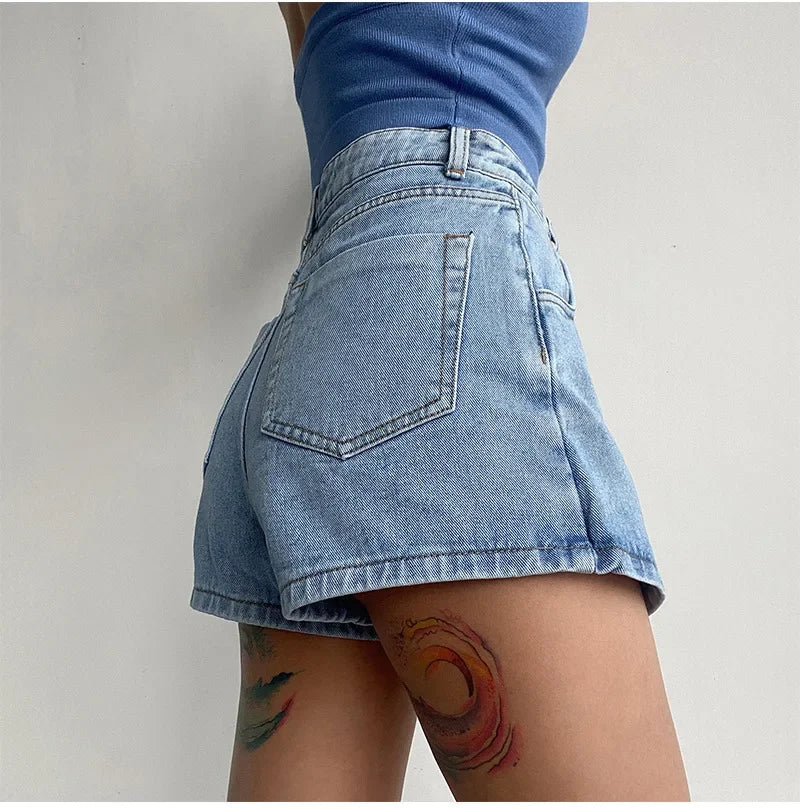 Lunivop Elegant Slimming High-waisted A- line Denim Shorts Women's Summer New 2023 Light Color Two-piece Illusion Design Slim Fit