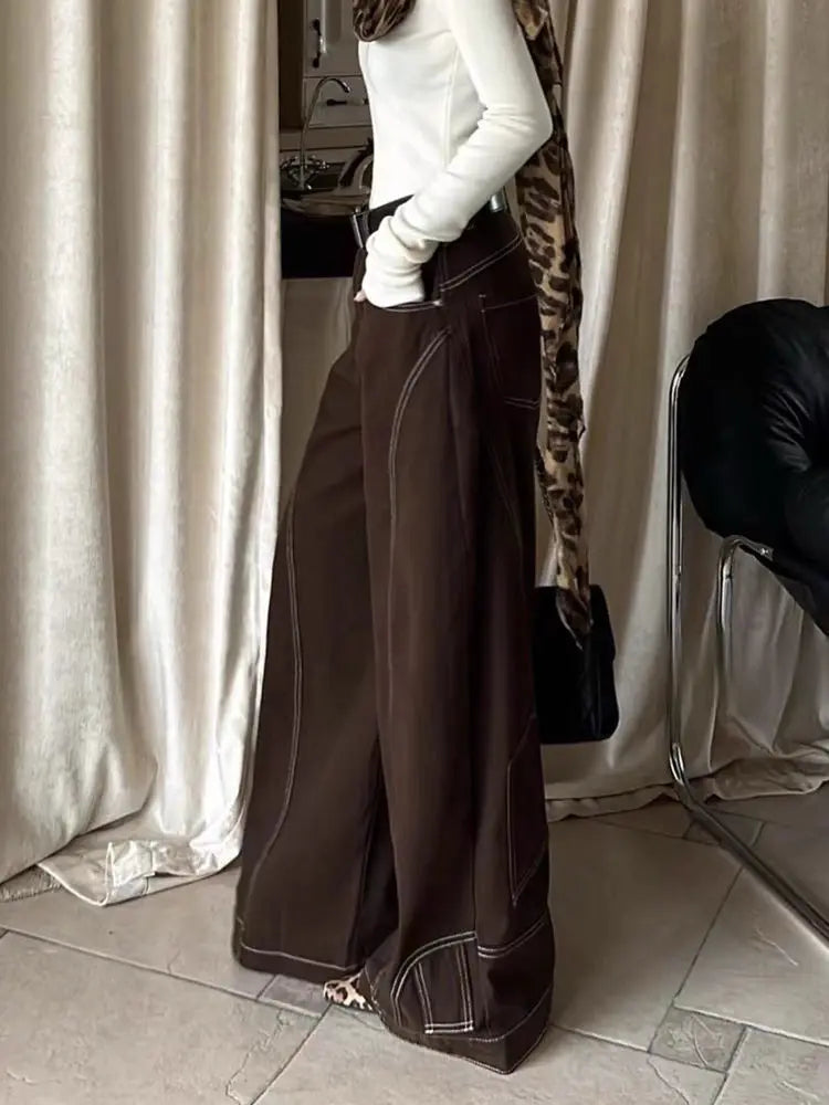 Lunivop Vintage Brown Wide Leg Jeans Women Y2k High Street Baggy Denim Trousers Grunge Hip Hop American Retro Oversized Jeans