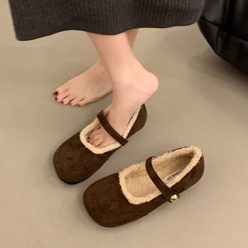 Lunivop Fashion Round Toe Ballet Flats Woman Warm Teddy Fur Mary Jane Shoes Ladies Brand Design Elegant Fluffy Plush Loafers