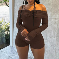 Lunivop  Elegant Sexy Off-shoulder Slash Neck Long Sleeve Pleated High Waist Backless Solid Color Fashion Jumpsuit Shorts Club Streetwear