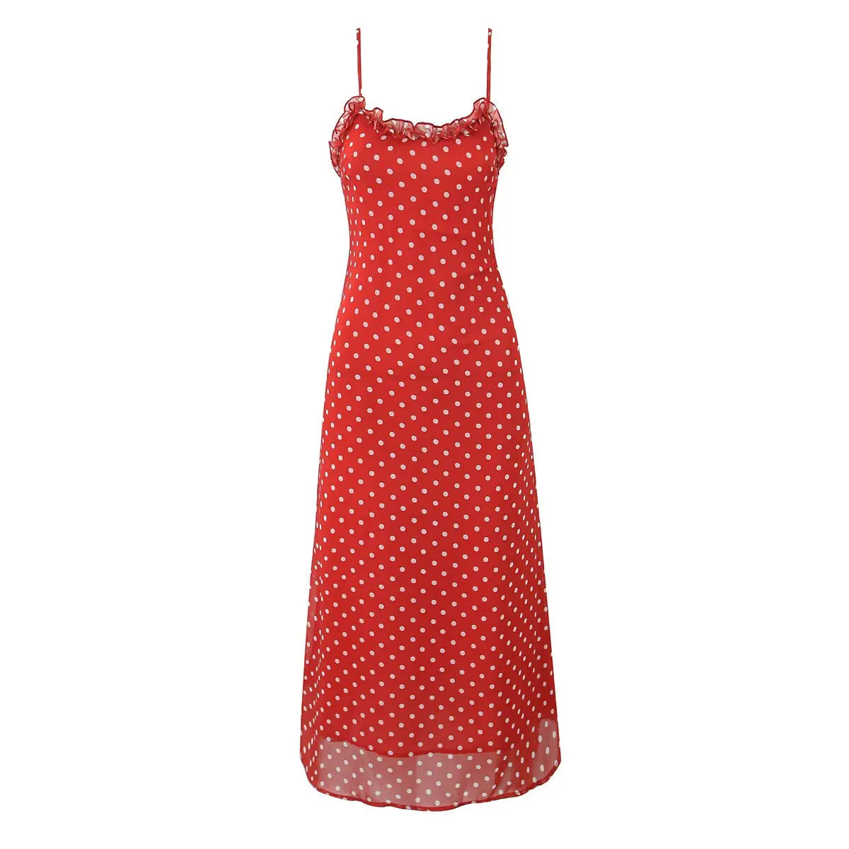 Lunivop  Holiday Summer Dresses Women Ruffle O Neck Sleeveless A-line Midi Polka Dot Red Dress Spaghetti Straps Robe