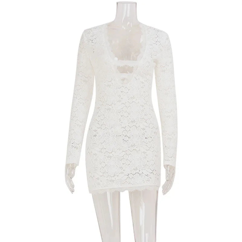 Lunivop  See Through Lace Hollow Out Bodycon Mini Dress Women Sexy Deep V Neck Long Sleeve Hipster Night Clubwear Birthday Party Outfits