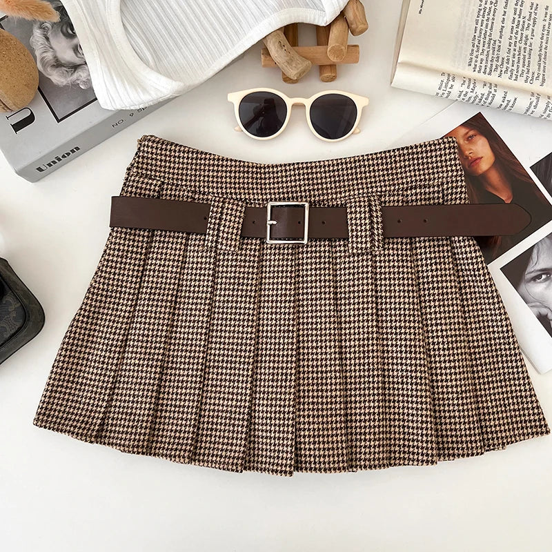 Lunivop Women Houndstooth Pleated Mini Skirt with Belt Woolen Plaid Skirt Teen-girl Fall Winter Y2K Outfit