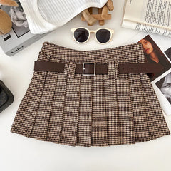 Lunivop Y2K Low Rise Houndstooth Mini Skirt with Belt Woolen Pleated Mini Skirt Ladies Autumn Winter Outfit