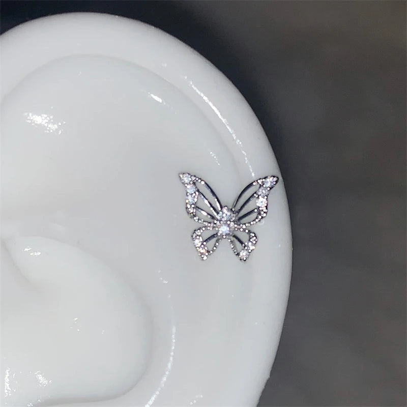 Lunivop Shiny Hollow Silver Color Rhinestone Butterfly 316L Stainless Steel Ear Bone Nail Delicate Waterproof Small Earrings for Women