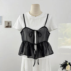 Lunivop  Korea Chic Bow Lace Up Layering Ropa Mujer Ruffles Two Wear All-match Shirts Short Slim Exquisite Literary Simple Blusas
